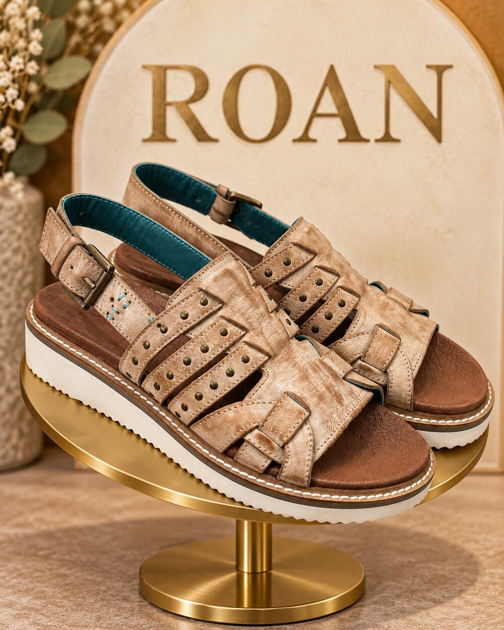 Roan by Bed Stu Crest Tan Leather Studded Platform Sandals Women’s 6.5 EU 36.5